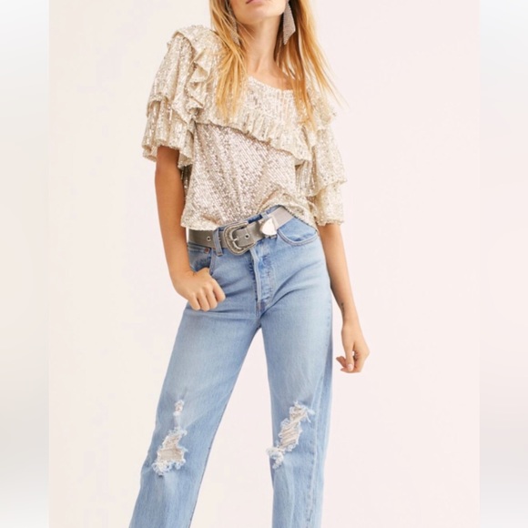 🥳HP New Free People Dance Floor XS Silver Allover Sequin Ruffled Boho Pullover - Picture 7 of 8